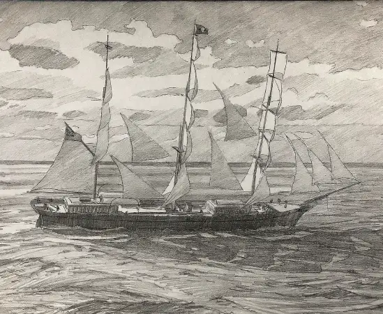 Pencil sketch for a historic ship painting commission of the sailing clipper Titania — refined drawing work