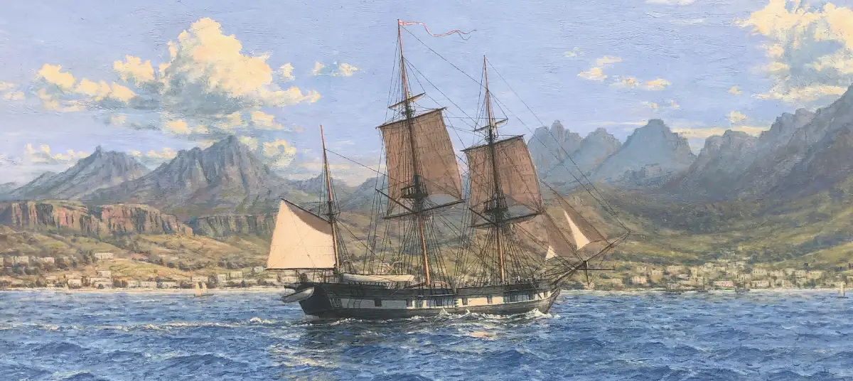 A large framed oil painting of a commercial ship displayed in a corporate boardroom setting with picture light