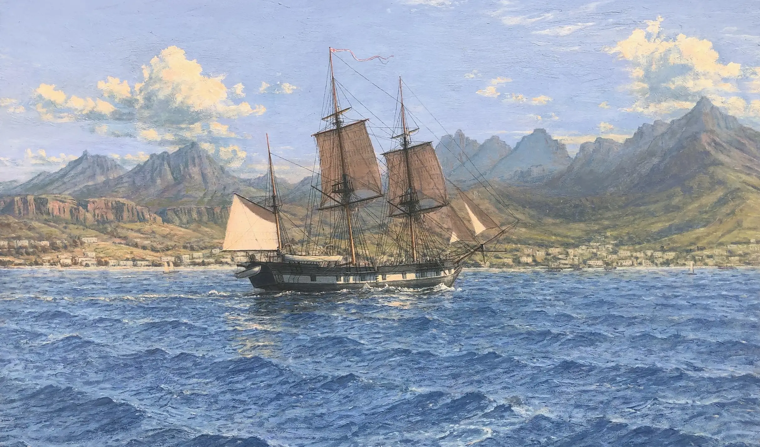 Oil painting of the historic exploration ship HMS Beagle. Ideal traditional marine art piece for boardroom displays or as an exclusive corporate handover gift for legacy yacht refit yards.
