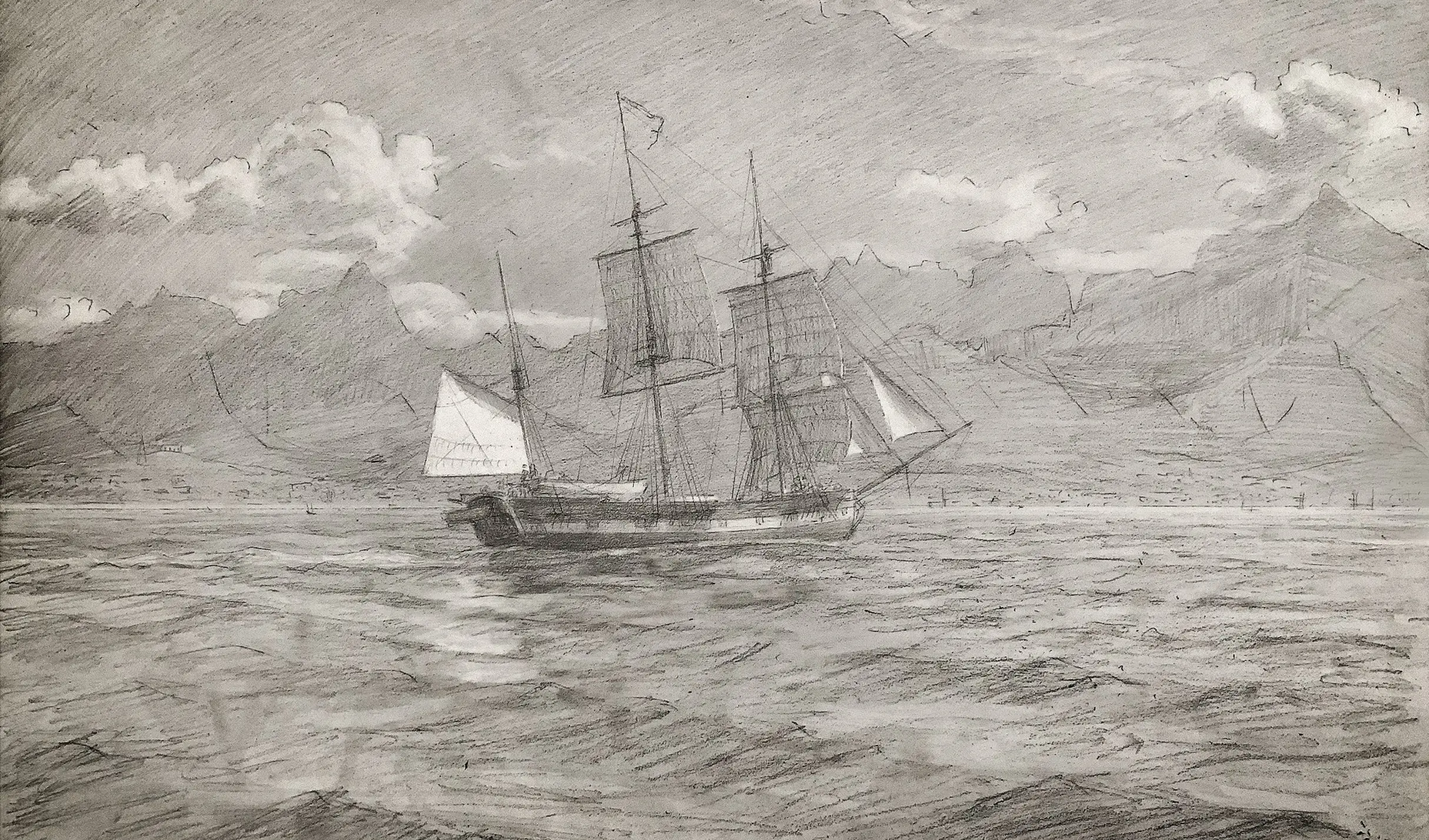 MS Beagle pencil portrait off Mauritius. Custom maritime art sketch perfect for nautical history collections or as a prestigious handover gift for traditional yacht builders.