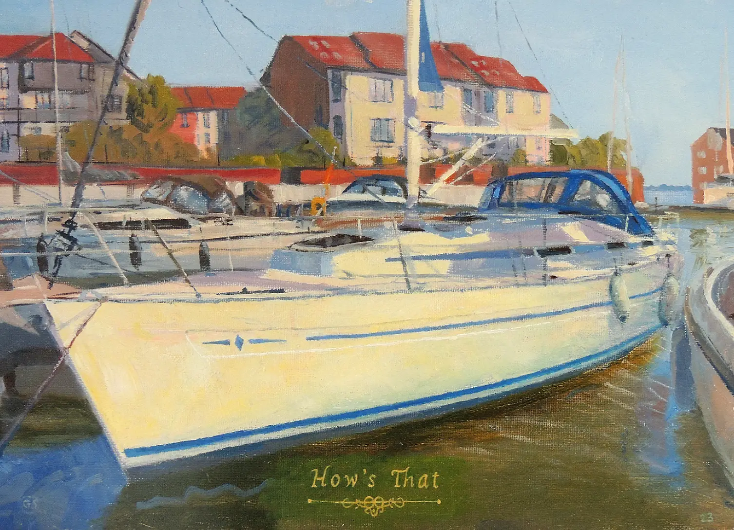 Oil painting of a private yacht in Ocean Village Marina - commissioned painting by Gregory Smith