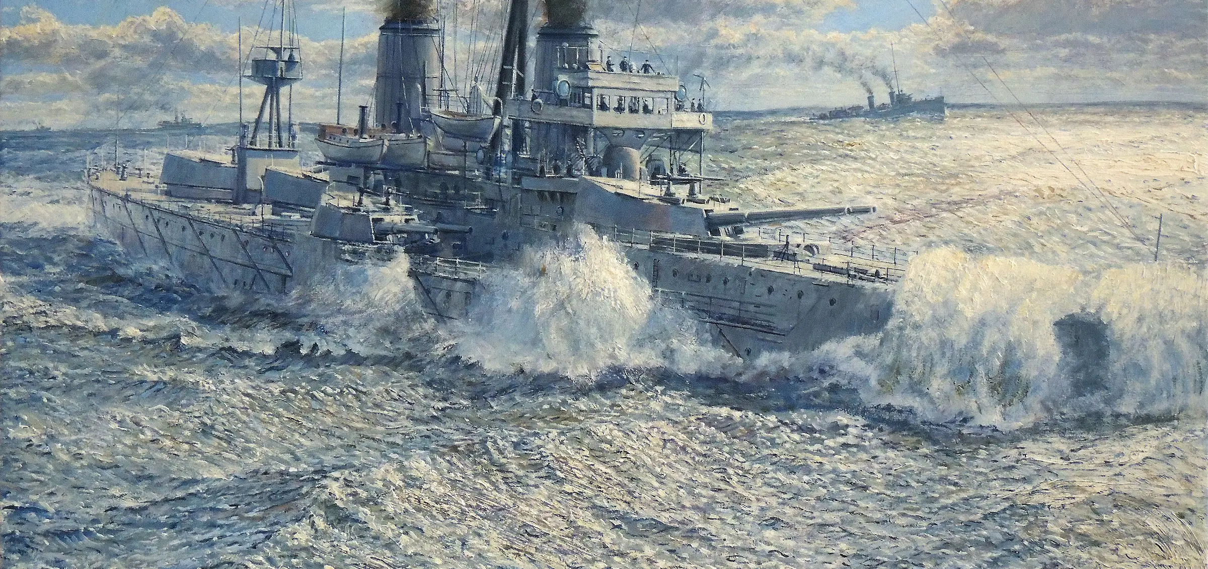 Oil painting of the historic grey battleship HMS Dreadnought in 1907, viewed from a dynamic angle as she crashes through rough, white-capped waves. Thick dark smoke billows from her twin funnels against a bright, cloudy sky. — Naval paintings collection by Gregory Smith