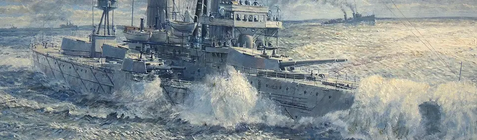 Oil painting of the historic grey battleship HMS Dreadnought in 1907, viewed from a dynamic angle as she crashes through rough, white-capped waves. Thick dark smoke billows from her twin funnels against a bright, cloudy sky.