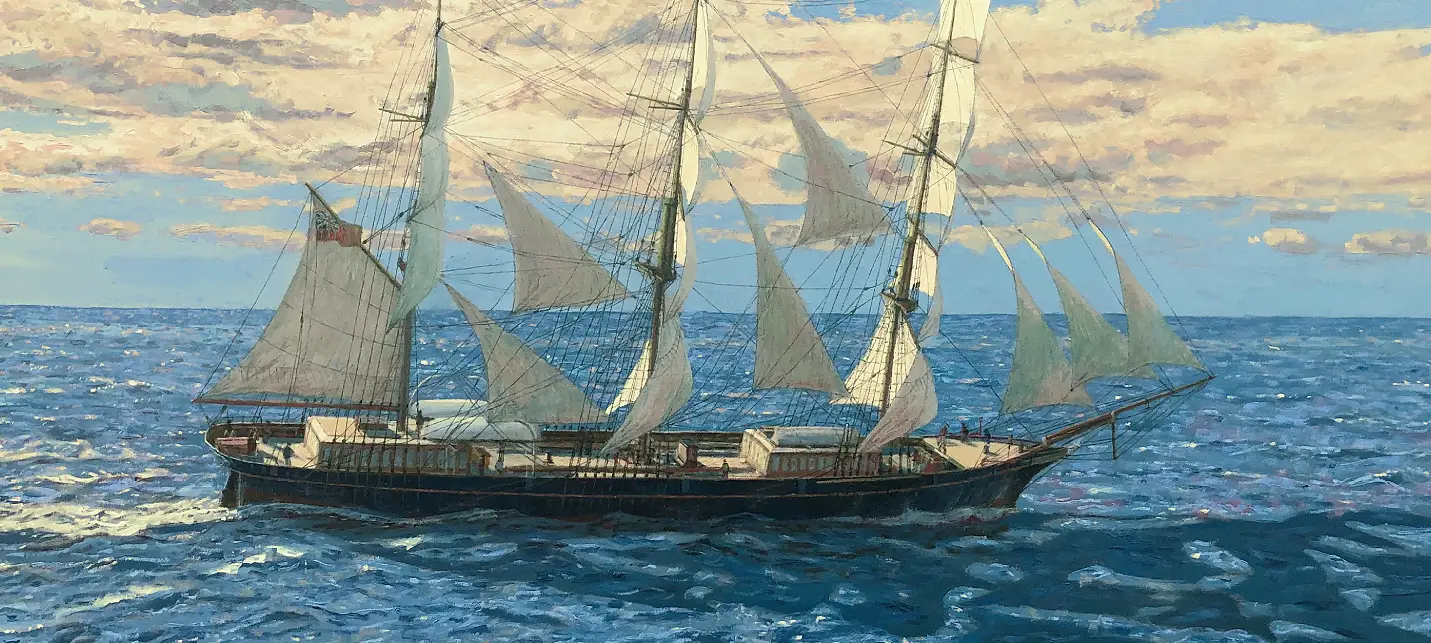 Oil painting of the three-masted clipper ship Titania sailing on bright blue choppy seas. The black hull cuts through the water under partially set white square sails, set against a bright sky with scattered fluffy clouds.