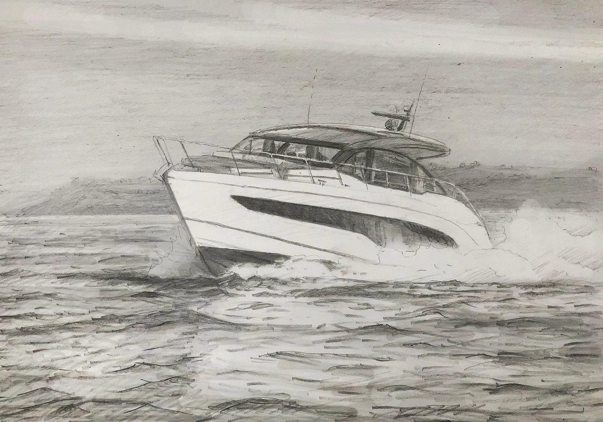 Detailed pencil sketch portrait of a Princess V55 motor yacht. Commission your specific boat: custom maritime illustrations and oil paintings for yacht owners by Gregory Smith