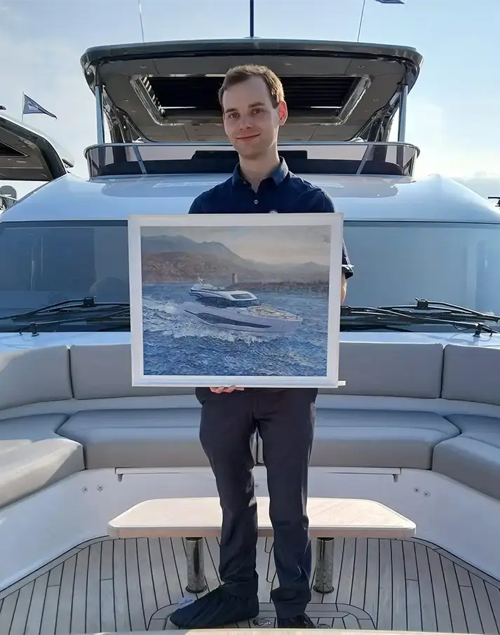 The artist Gregory Smith standing on the teak deck of a Princess S80 luxury motor yacht, holding up a framed oil painting of that same vessel depicted cruising along a mountainous coastline.