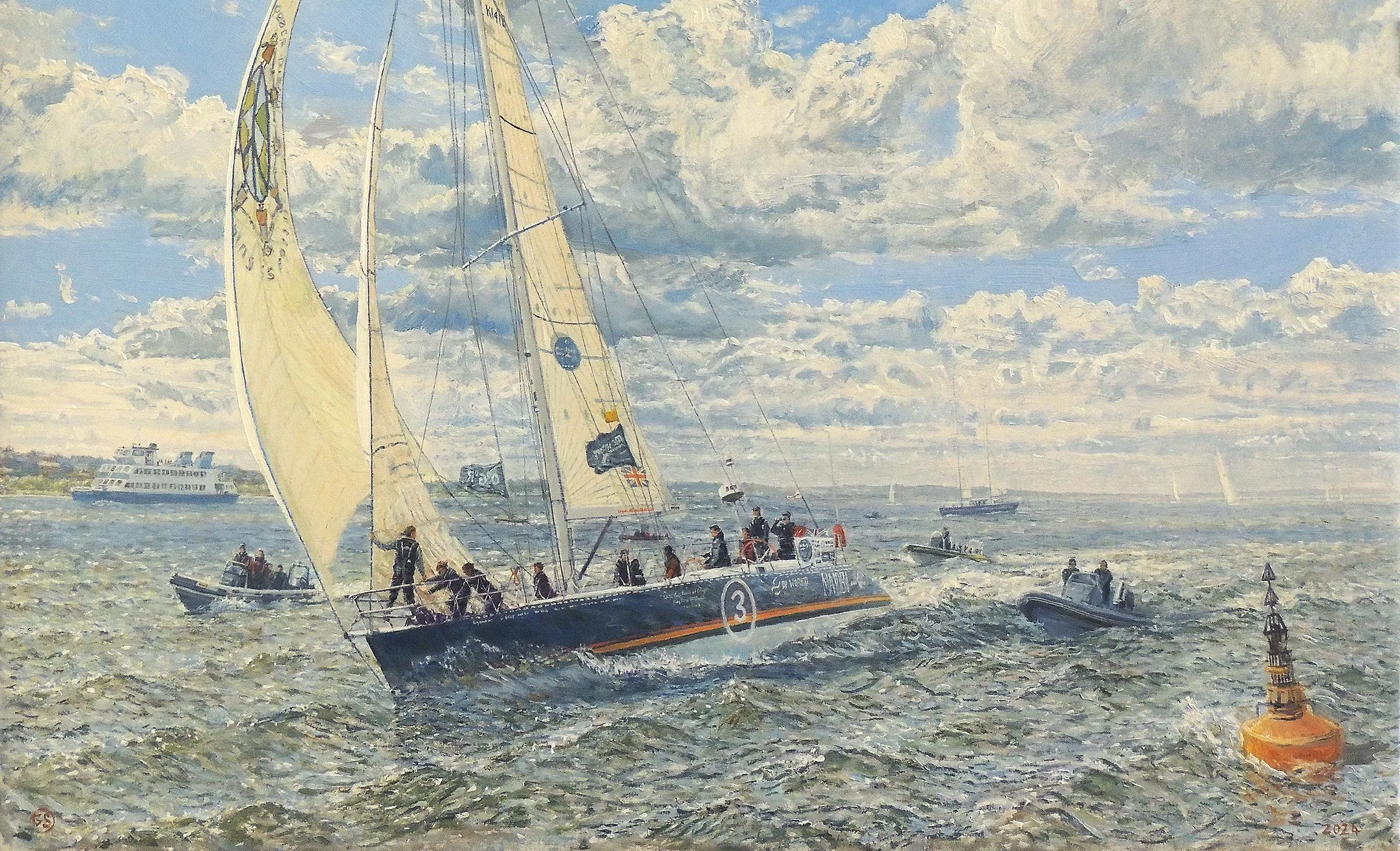 Action shot oil painting of the sailboat 'Maiden' racing at sea. A prestigious maritime commission example, perfect for yacht club awards or unique boat owner gifts.
