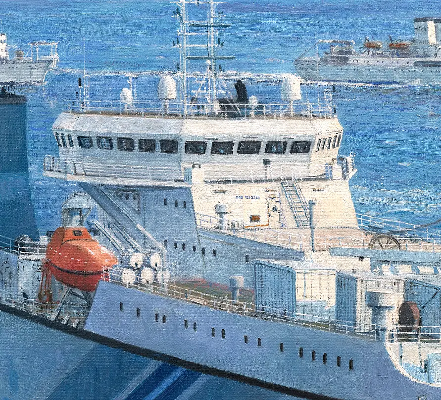 Close-up detail of an oil painting showing brushwork and surface texture on a commercial ship hull