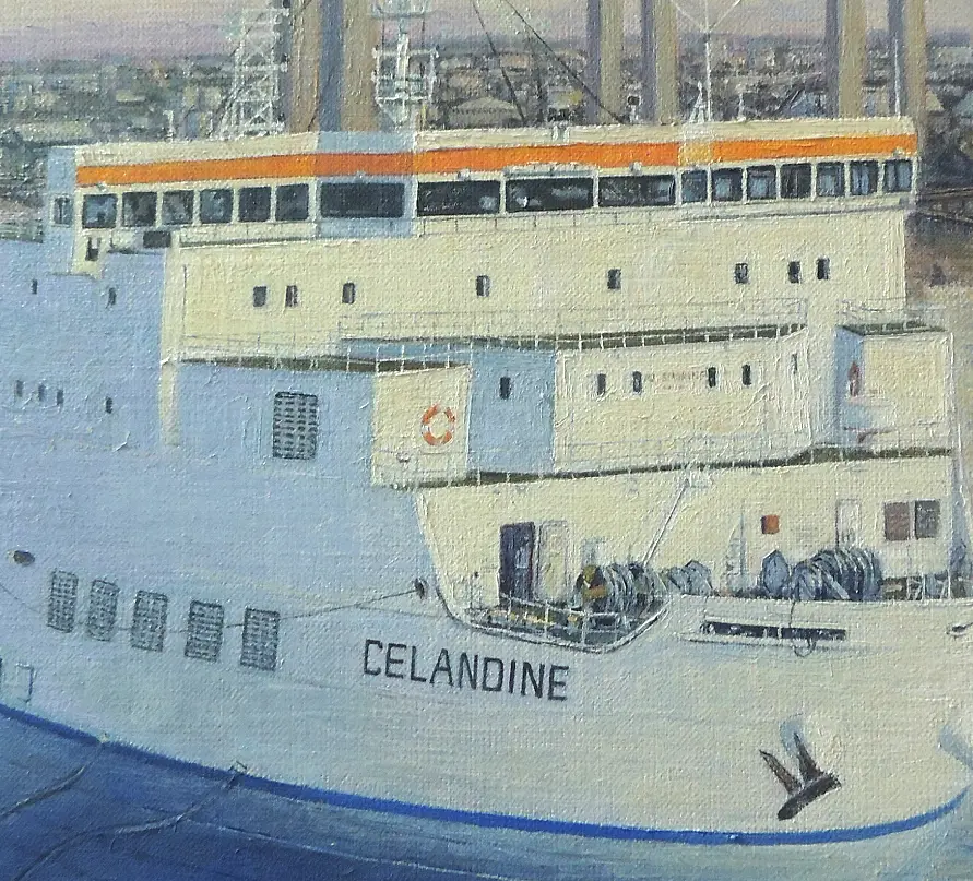 Close-up detail of oil painting surface quality showing fine maritime detail and impasto brushstrokes