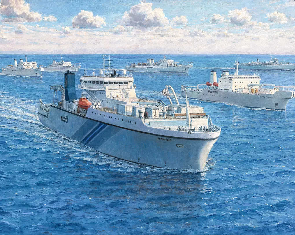 Completed oil painting of a commercial vessel, framed and ready for delivery