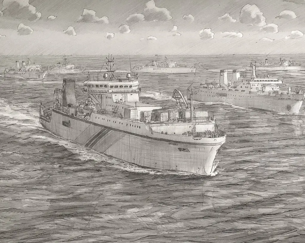 Pencil sketch of a commercial vessel — initial drawing stage of a ship painting commission