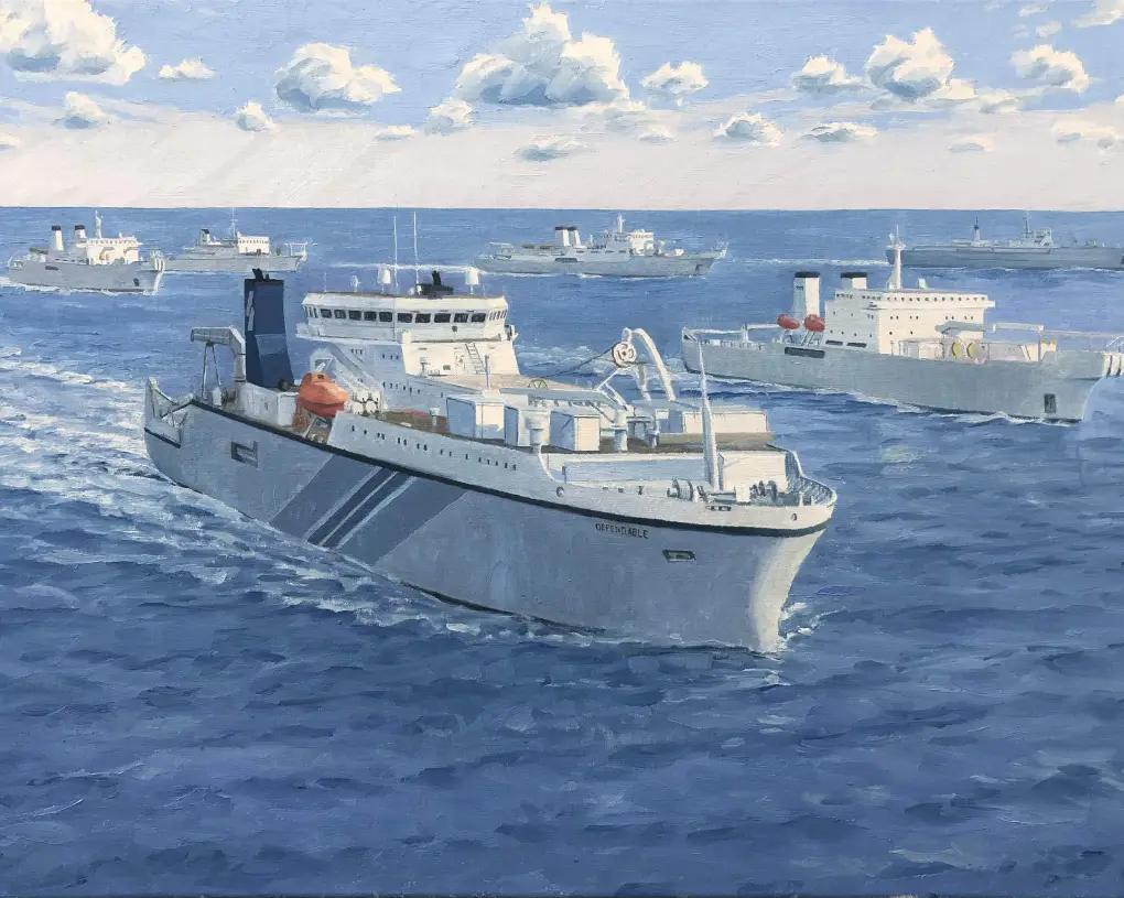 Oil painting in progress on an easel — commercial ship artwork being developed in the studio