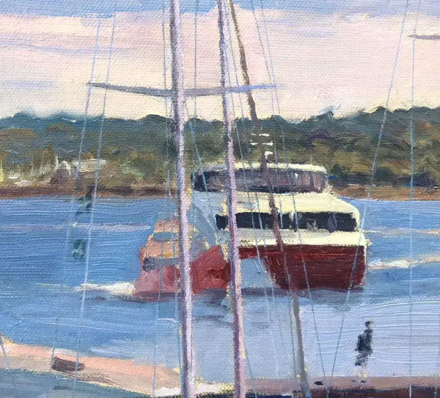 Close-up detail of an oil painting showing brushwork and surface texture on a commercial ship hull