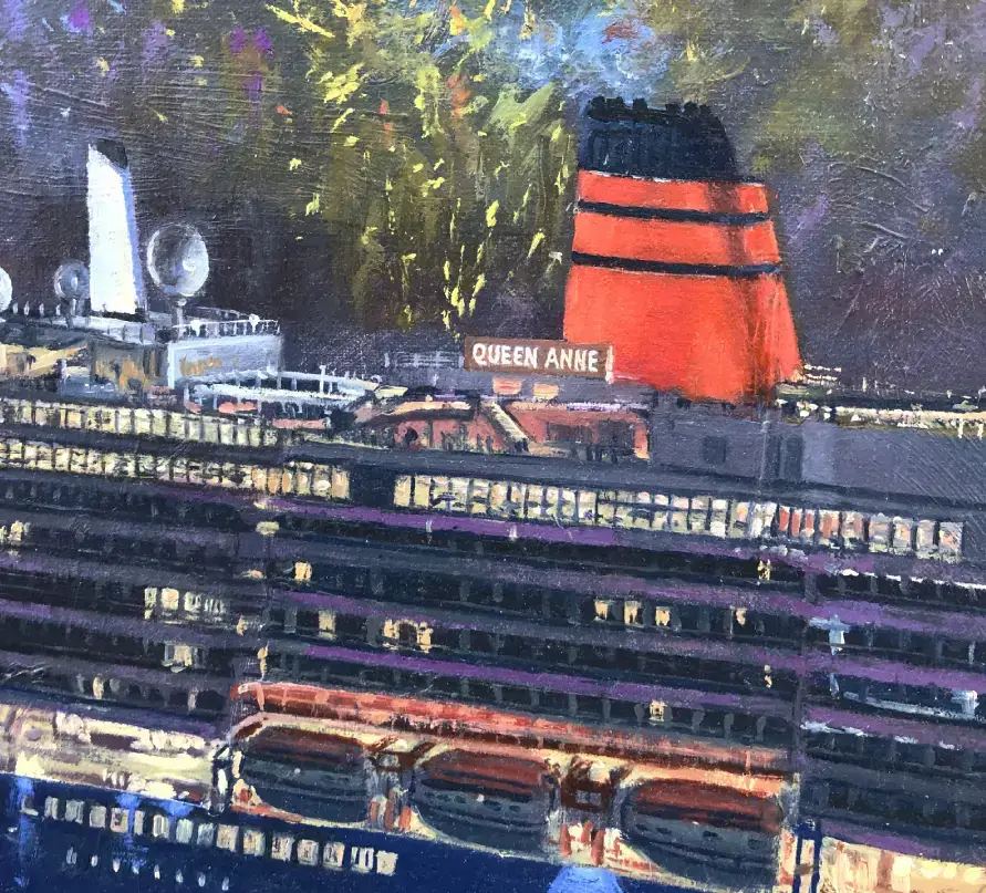 Close-up detail of oil painting surface quality showing fine maritime detail and impasto brushstrokes