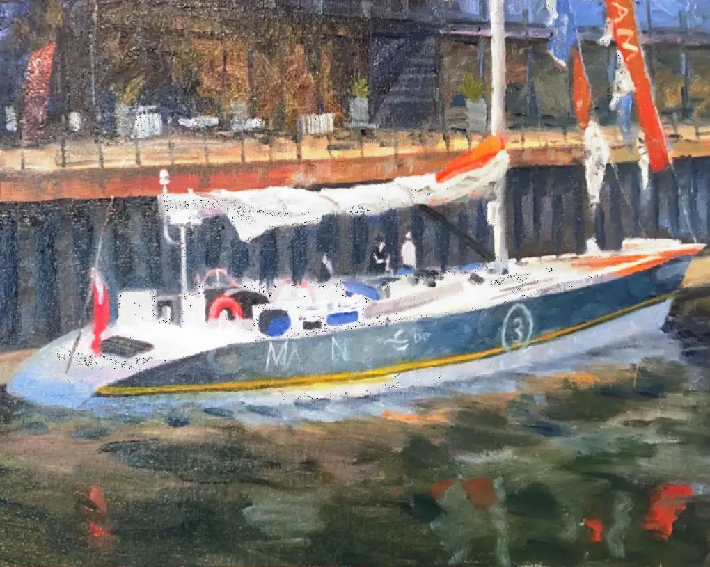 Oil painting in progress on an easel — commercial ship artwork being developed in the studio