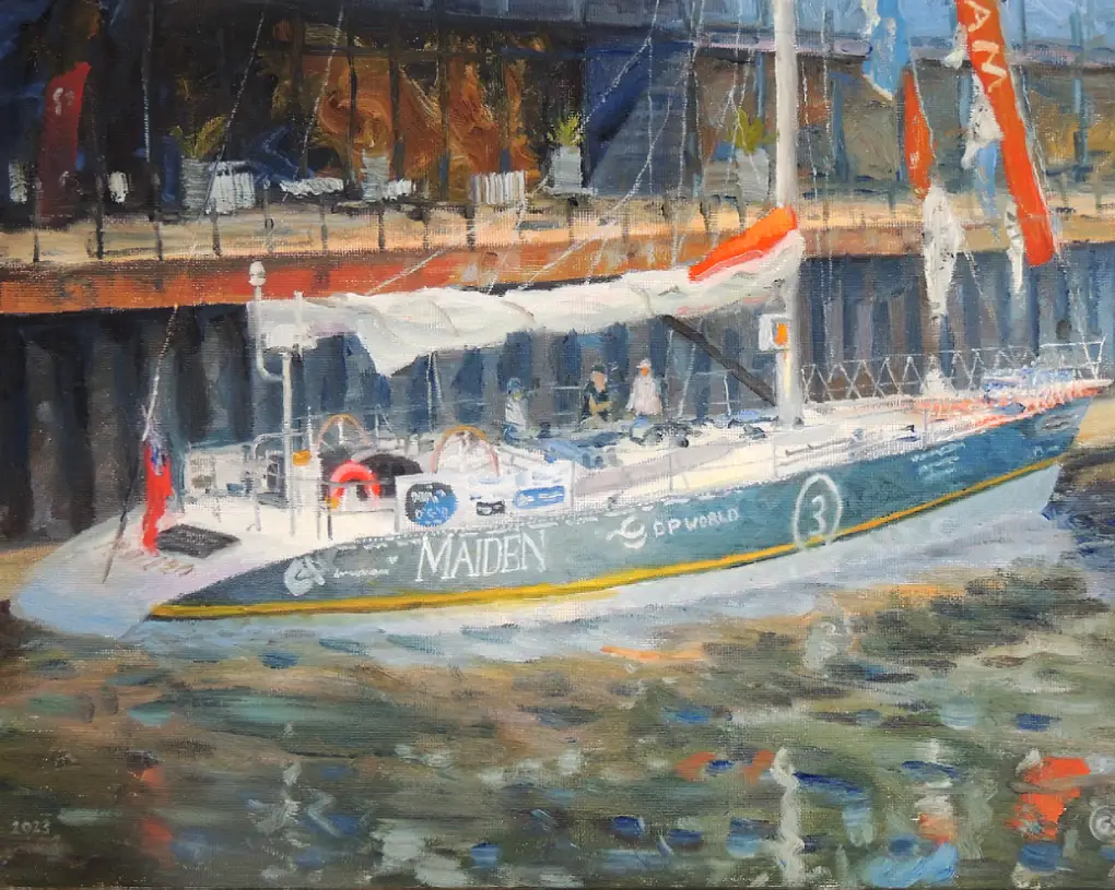 Completed oil painting of a commercial vessel, framed and ready for delivery