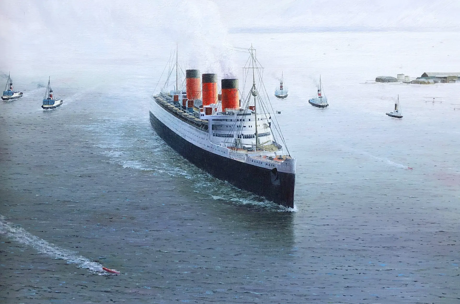 Oil painting of a commercial shipping fleet at sea — cable laying vessels and merchant ships in open water, commissioned marine artwork by Gregory Smith