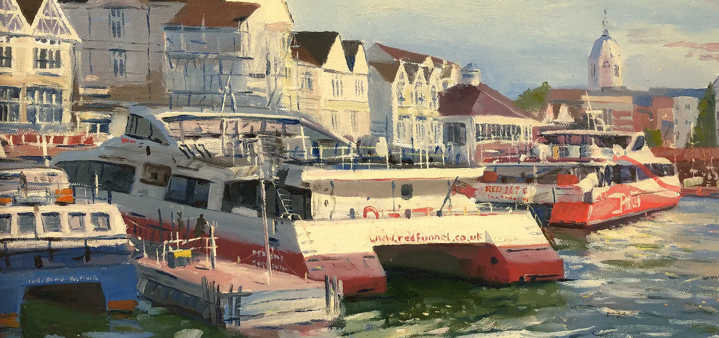 Oil painting of Town Quay marina in Southampton with a Red Jet ferry arriving in the early evening. — Southampton maritime paintings collection by Gregory Smith