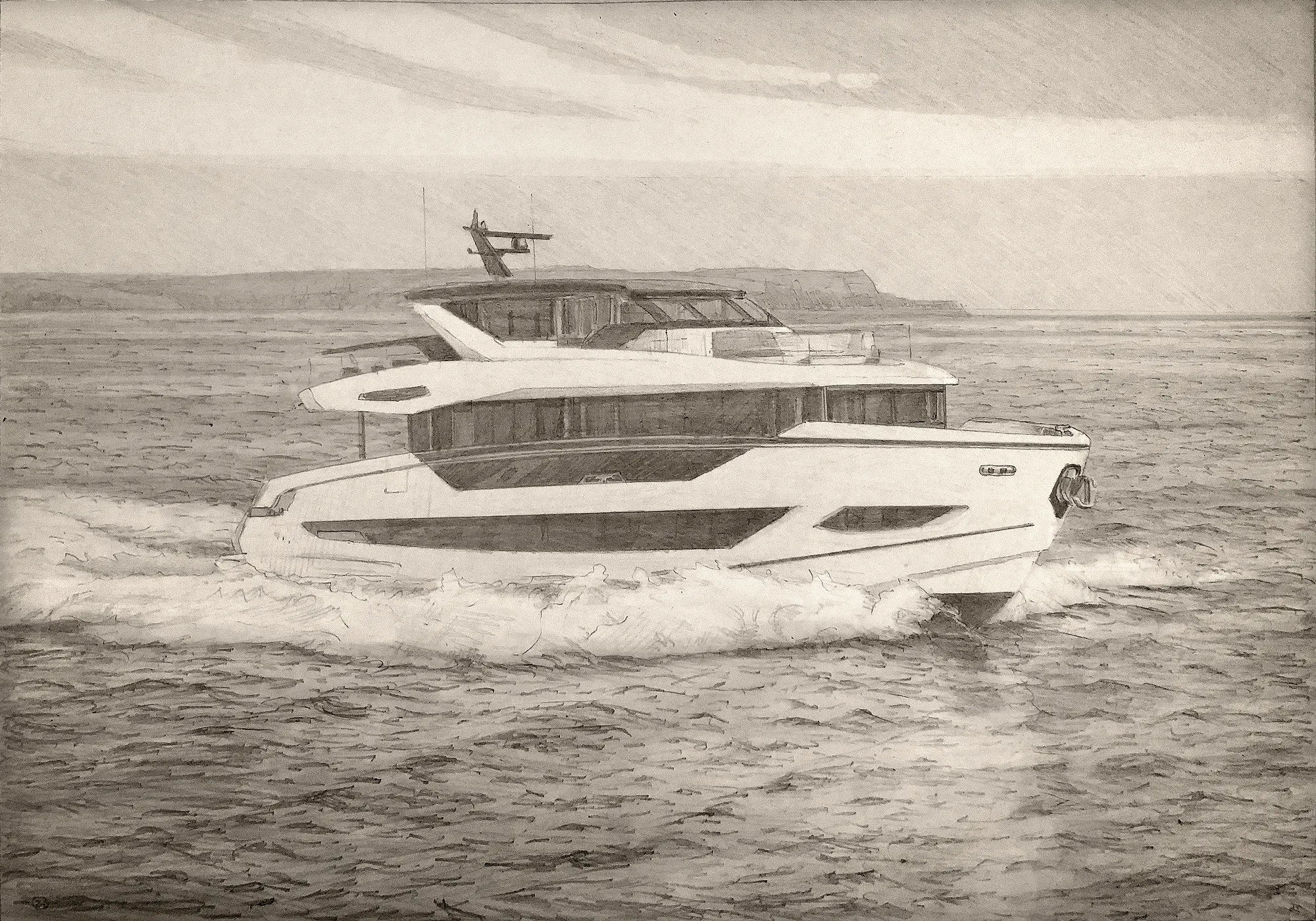Original pencil sketch of a Sunseeker Ocean 82 motor yacht under way. Detailed maritime illustration and custom boat portrait service available for yacht owners and builders.