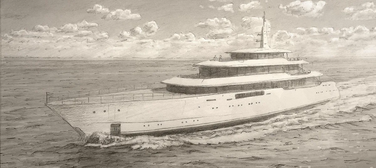 Exclusive pencil sketch illustration of the superyacht Feadship Project Solent underway. Custom yacht portrait commission by Gregory Smith, specialist maritime artist for luxury shipyard handover gifts.