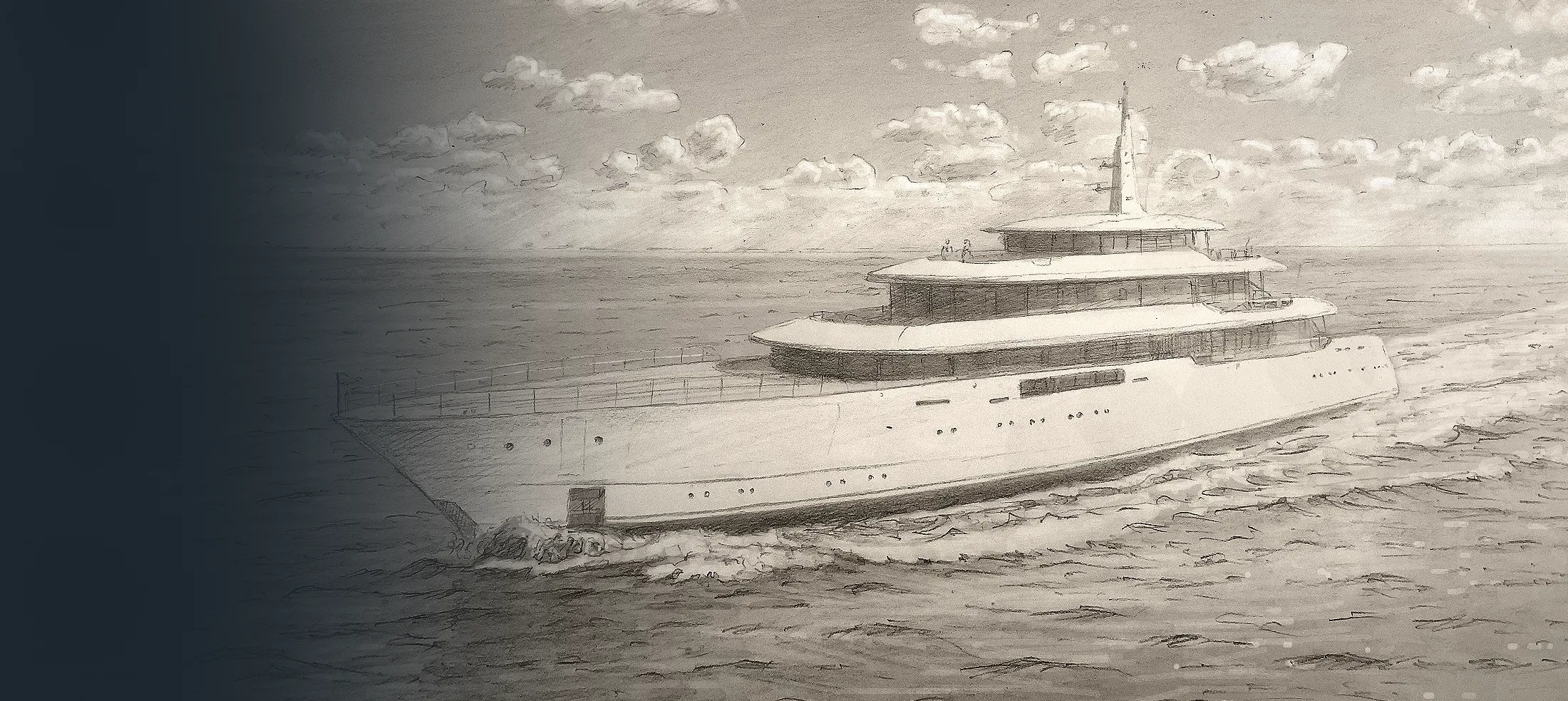 Detailed pencil drawing capturing the lines of Feadship Project Solent. A unique, personal handover gift idea for superyacht builders and owners from custom maritime artist Gregory Smith.