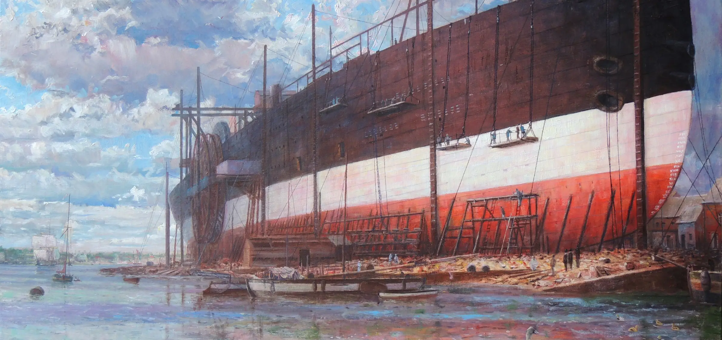 Oil painting of the massive iron hull of Brunel's ship Great Eastern under construction on the Thames - Victorian ships collection by Gregory Smith