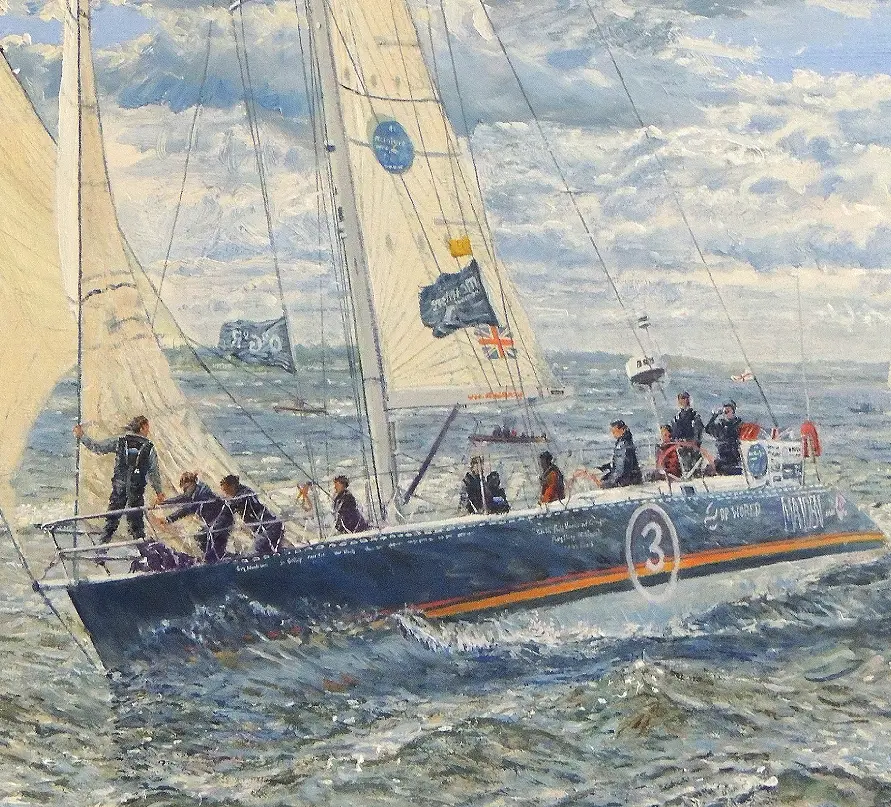 Close-up detail of an oil painting showing brushwork and surface texture on a commercial ship hull