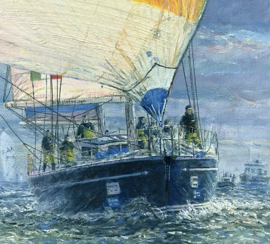 Close-up detail of oil painting surface quality showing fine maritime detail and impasto brushstrokes