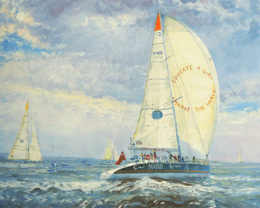 Completed oil painting of a commercial vessel, framed and ready for delivery