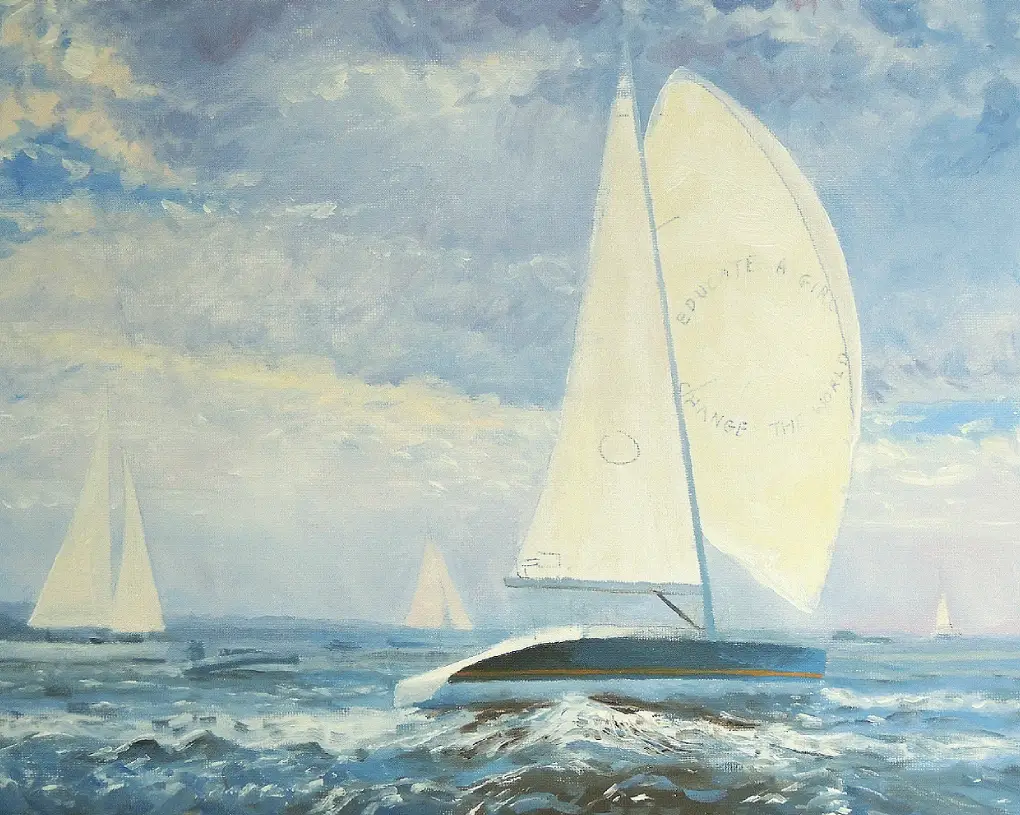 Oil painting in progress on an easel — commercial ship artwork being developed in the studio