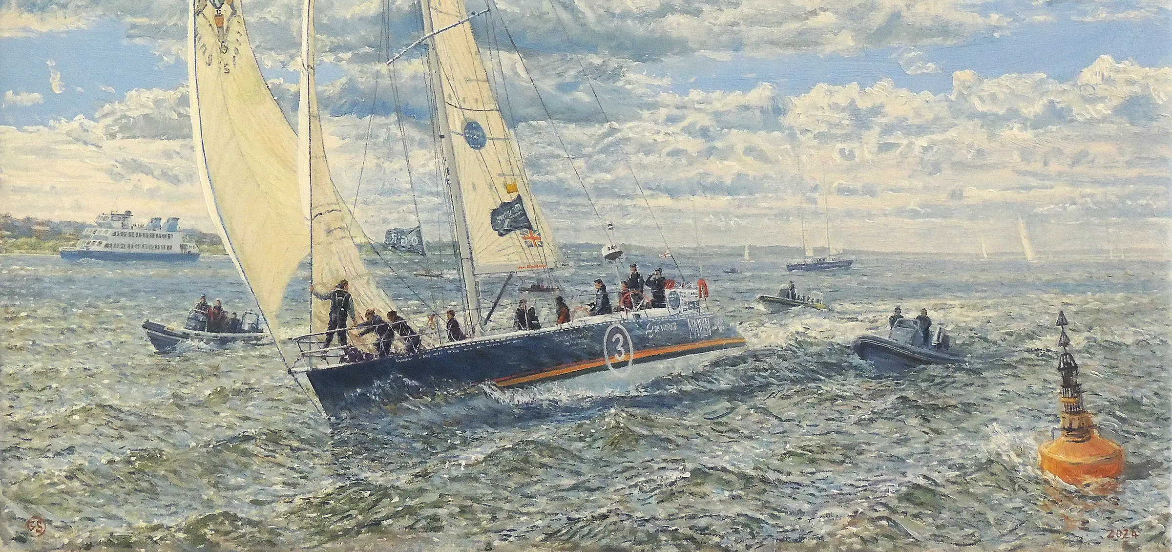 Oil painting of the famous racing yacht Maiden crossing the finish line to win the Ocean Globe Race. — Yacht paintings collection by Gregory Smith